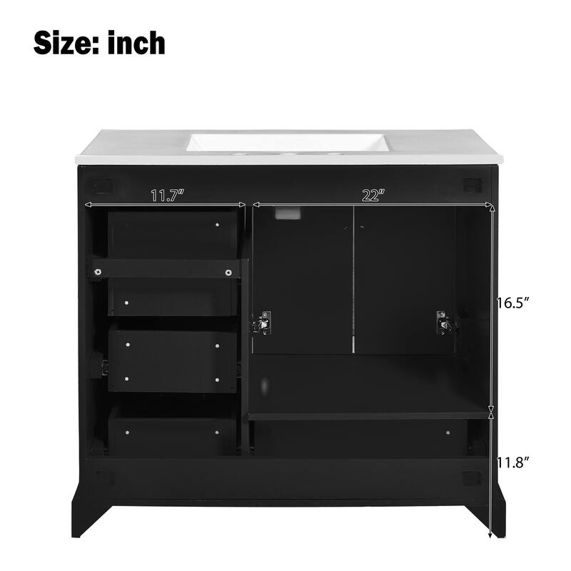 Traditional Bathroom Vanity with Ceramics Sink, Freestanding Cabinet with 3 Side Drawers, Bottom Drawer and 2 Soft Close Doors