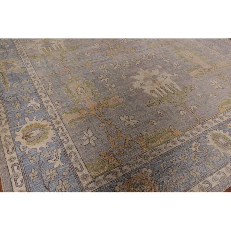 Vegetable Dye Oushak Turkish Area Rug Handmade Floral Grey Wool Carpet - 9'1" x 11'11"