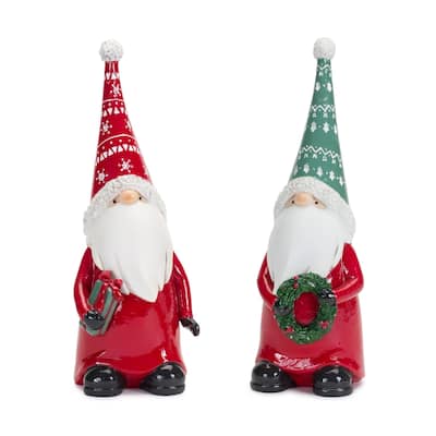 Set of 2 Gnomes Holding Gift and Wreath Christmas Figurines 9"