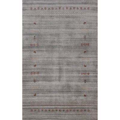 Hand Knotted Oriental 100% Wool Carpet Tribal Animal Pictorial Greys & Charcoal Gabbeh Area Rug - 8' 0'' X 5' 0''