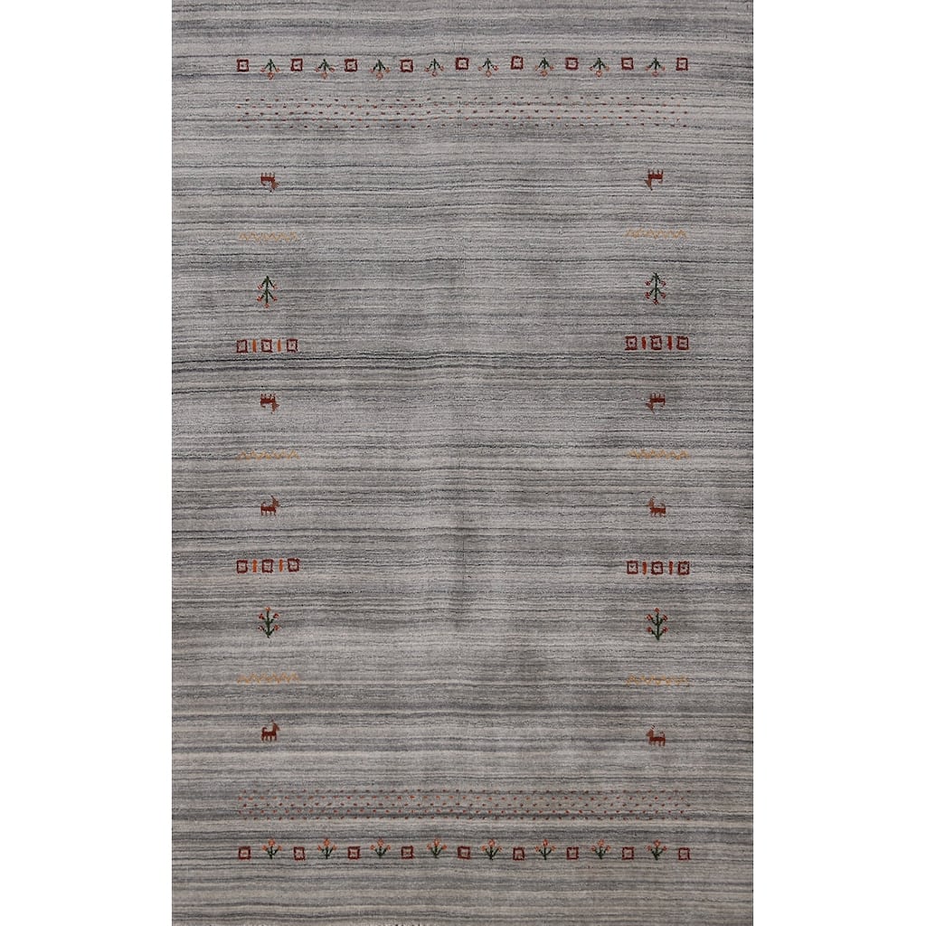 Hand Knotted Oriental 100% Wool Carpet Tribal Animal Pictorial Greys & Charcoal Gabbeh Area Rug - 8' 0'' X 5' 0''