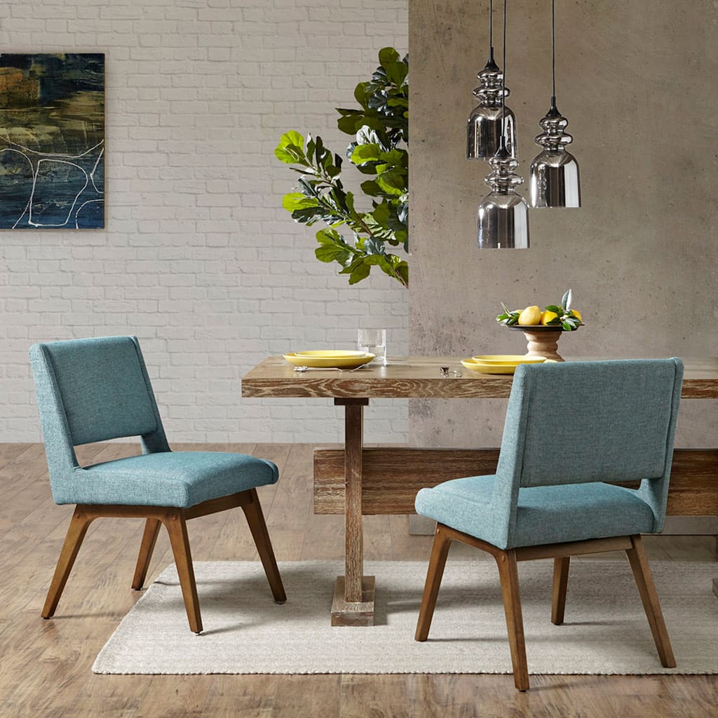 Roomfitters 33-Inch Mid-Century Dining Side Chair (Set of 2), Upholstered Seat with Solid Pecan Wood Legs, Blue