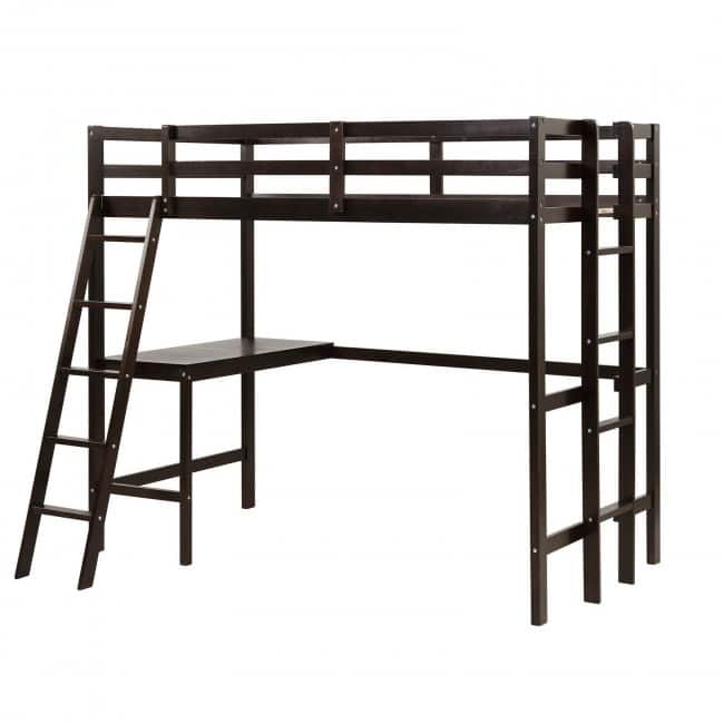 Twin Size Loft Bed Frame with Desk Angled and Built-in Ladder - Espresso