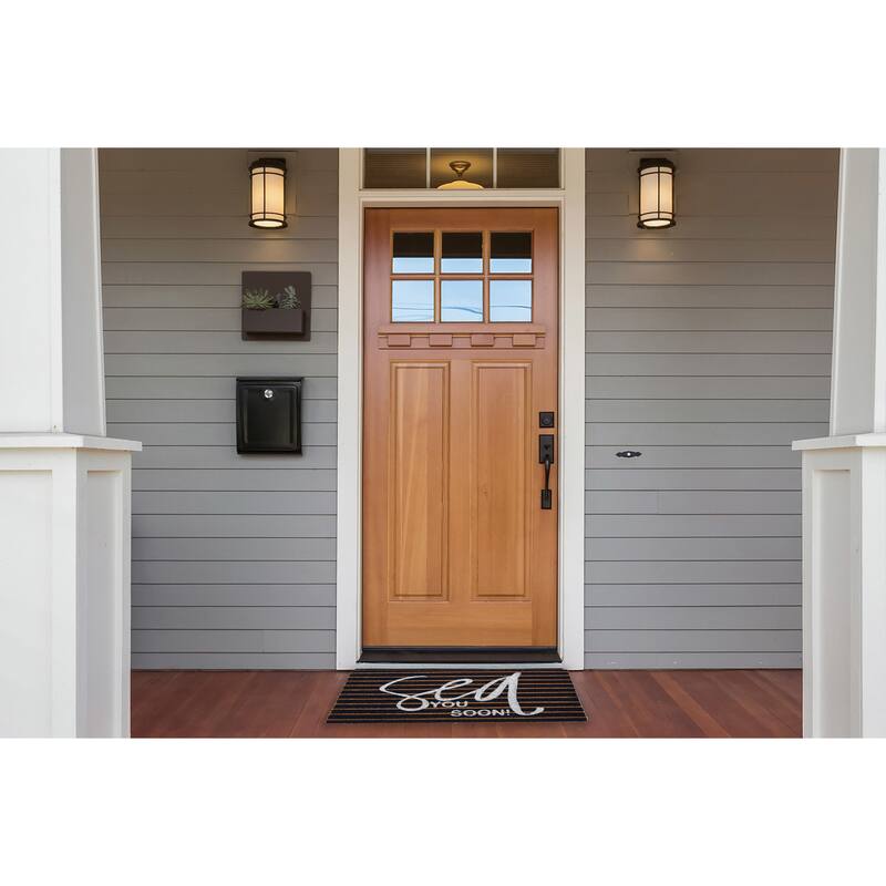 Coir Entry Doormat "Sea You Soon" with non-slip liner backing, Brown & White Stripe Design