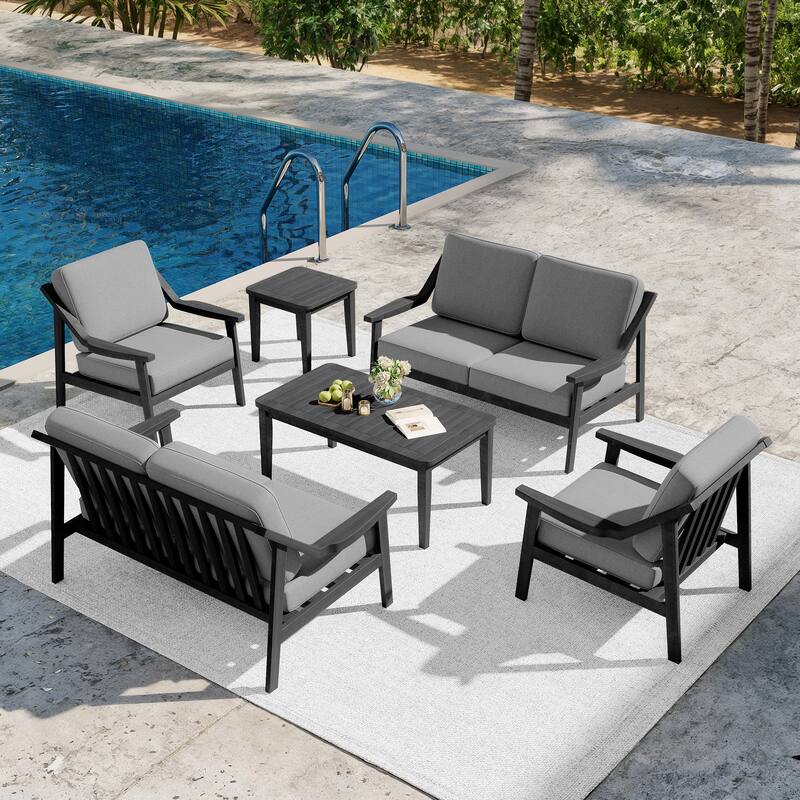 6-piece Adirondack Teak Patio Armchairs Loveseat Seating Conversation Set - BlackFrame-Grey