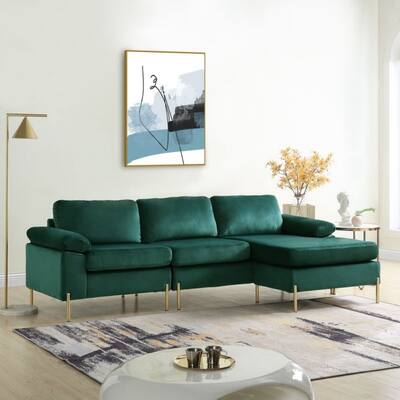 Velvet Upholstered L-shaped Sectional Sofa with Wood Frame and Metal Legs