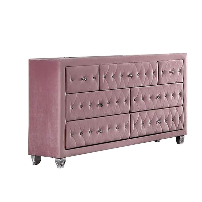 Zoha 59 Inch Wide Dresser Chest, 7 Drawer, Solid Wood, Pink Upholstery - Pink, Silver - 7-drawer