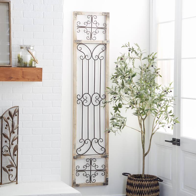 Wood Scroll Distressed Ornamental Panel Home Wall Decor with Bronze Metal Wire Details - Cream - Roche River Decor