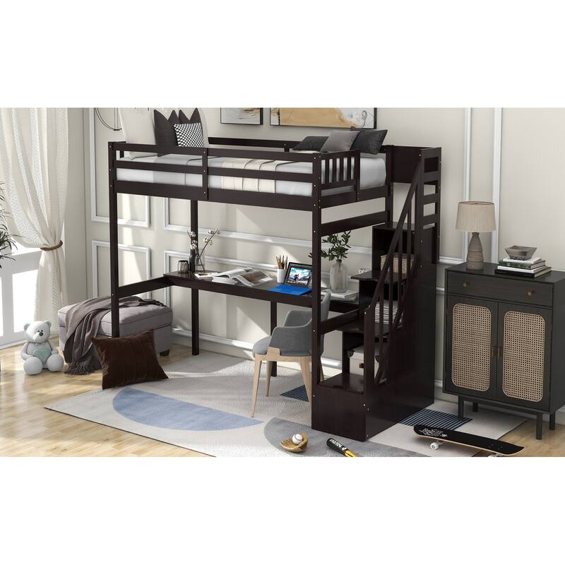 Twin Loft Bed with Built-in Desk and Storage Staircase - Space-Saving Design