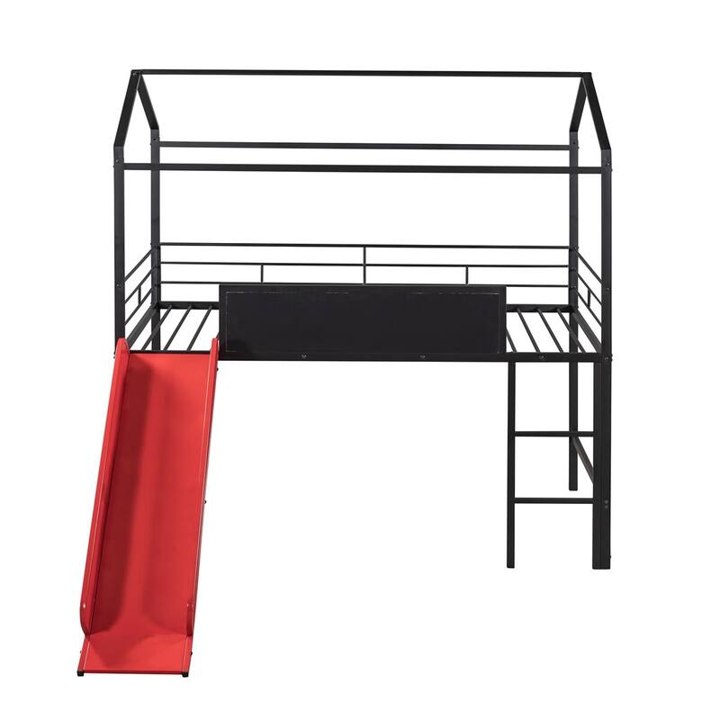 Merax Metal Twin House Loft Bed with Two-sided writable Wooden Board, Slide