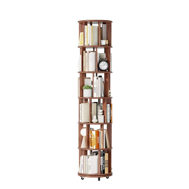 100%Solid Wood Rotating Bookshelf on Wheels, 6 Tier, Round Revolving Bookcase, 360°Spinning Book Shelf Tower, Narrow Bookshelves - Walnut