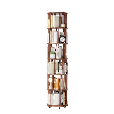 100%Solid Wood Rotating Bookshelf on Wheels, 6 Tier, Round Revolving Bookcase, 360°Spinning Book Shelf Tower, Narrow Bookshelves
