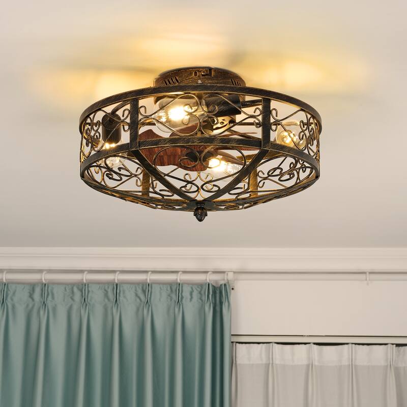 20 Inch Indoor White and Gold Low Profile Cage Ceiling Fan with Light - 20 Inches