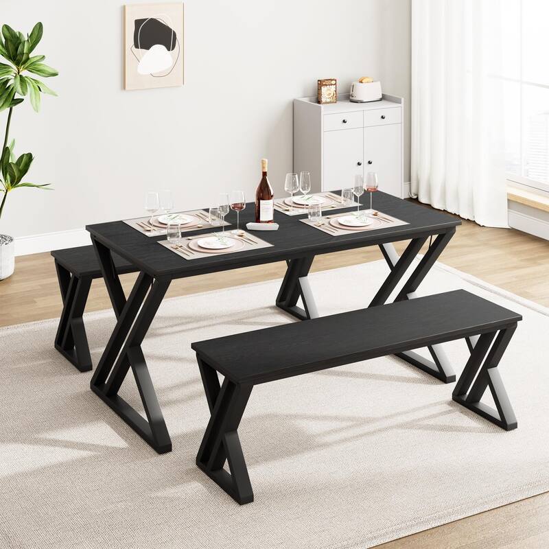 Dining Table Benches Set for 4 - 44.8" Black - Black