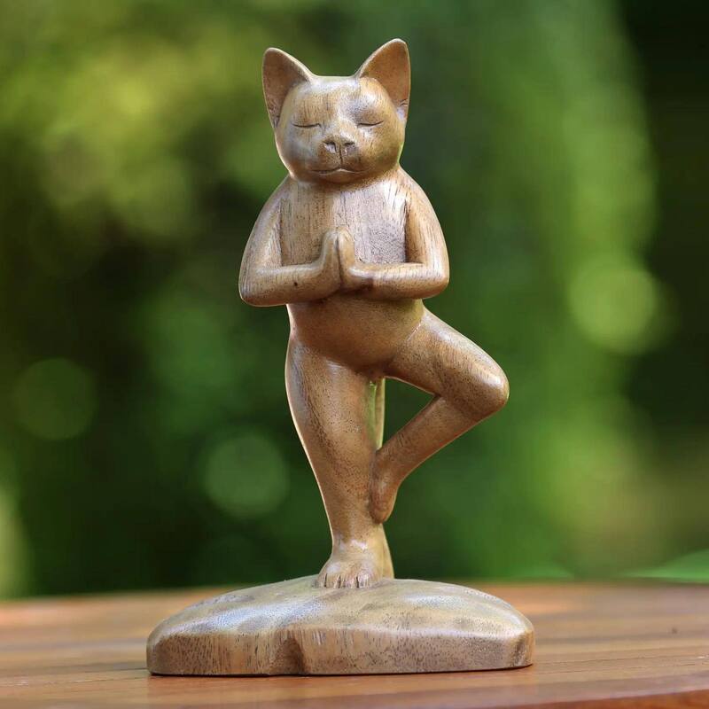 NOVICA Handcrafted Suar Wood 'Tree Pose Yoga Cat' Sculpture, Handmade in Indonesia