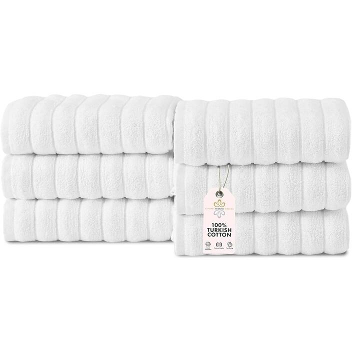 CTT Classic White Ribbed Combed %100 Turkish Cotton Quick Dry and Absorbent Hand Towel Set of 6 - 33" L x 20" W - 33" L x 20" W - White