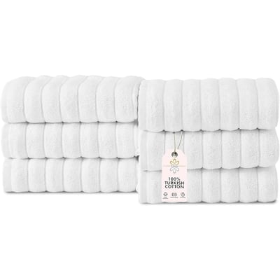 CTT Classic White Ribbed Combed %100 Turkish Cotton Quick Dry and Absorbent Hand Towel Set of 6 - 33" L x 20" W