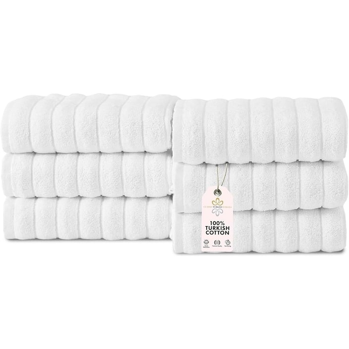CTT Classic White Ribbed Combed %100 Turkish Cotton Quick Dry and Absorbent Hand Towel Set of 6 - 33" L x 20" W