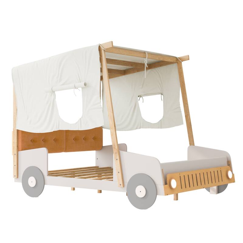 Roomfitters Size Car Canopy Bed, Wood Frame Platform with Upholstered Headboard, Tent Roof Design