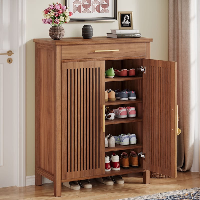Shoe Storage Cabinet with Louvered Doors & Drawer, Wooden Shoe Rack for Closet, Entryway - Brown