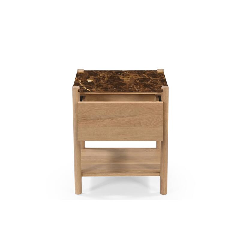 NADAAL STUDIOS Rivenor Nightstand, 1-Drawer, Dark Emperador Marble Top with Oak Body, Brown