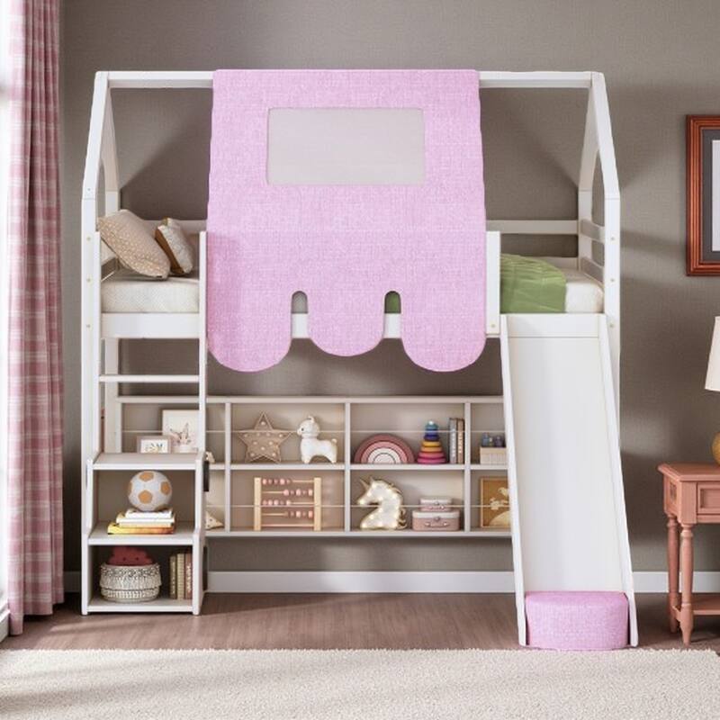 Full Size Loft Bed with Slide, Tent, and Storage Shelves - House Frame Kids Bed with Ladder and Car-Shaped Organizer - White - Twin