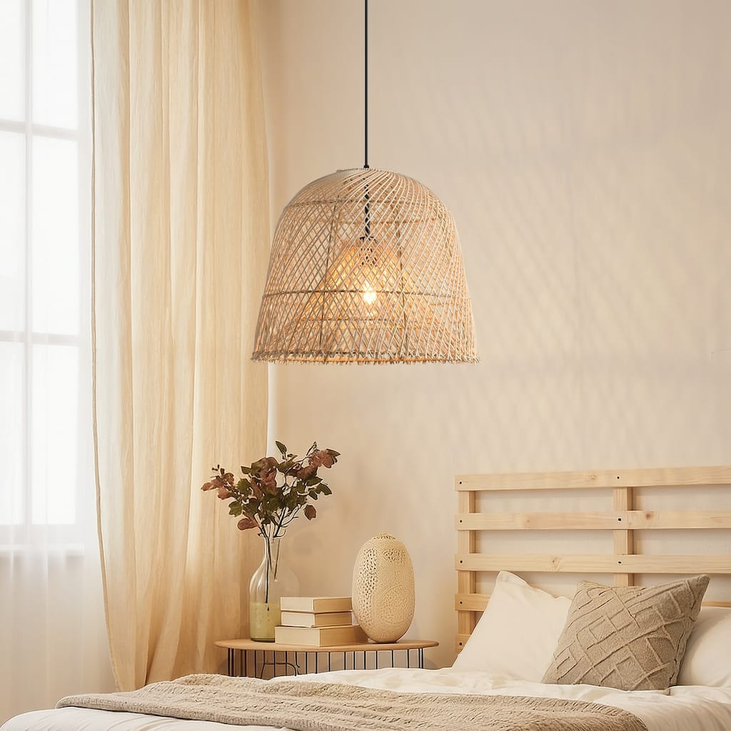 1-Light Coastal Retro Brown Rattan Hand-Woven Cloche Hanging Basket Pendant Light - 14.9" W x 59" H