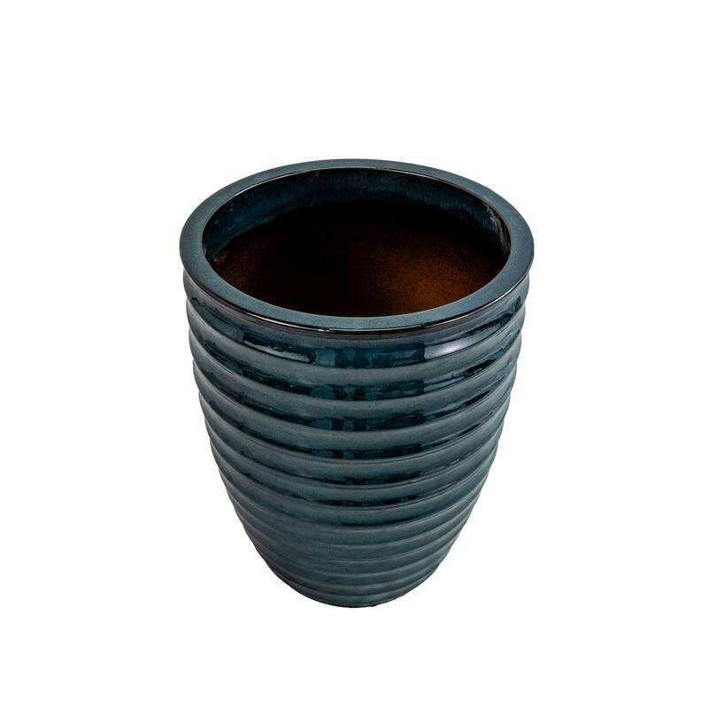Army Green Ceramic Flowerpot 16.54in Sleek Striped Design Frost Resistant for Indoor Outdoor Plants
