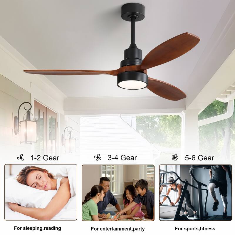 Sofucor 52" Indoor Wood Ceiling Fan Light with Remote, Integrated Light Optional - 52K076 with Integrated Light - Black with Brown Wood