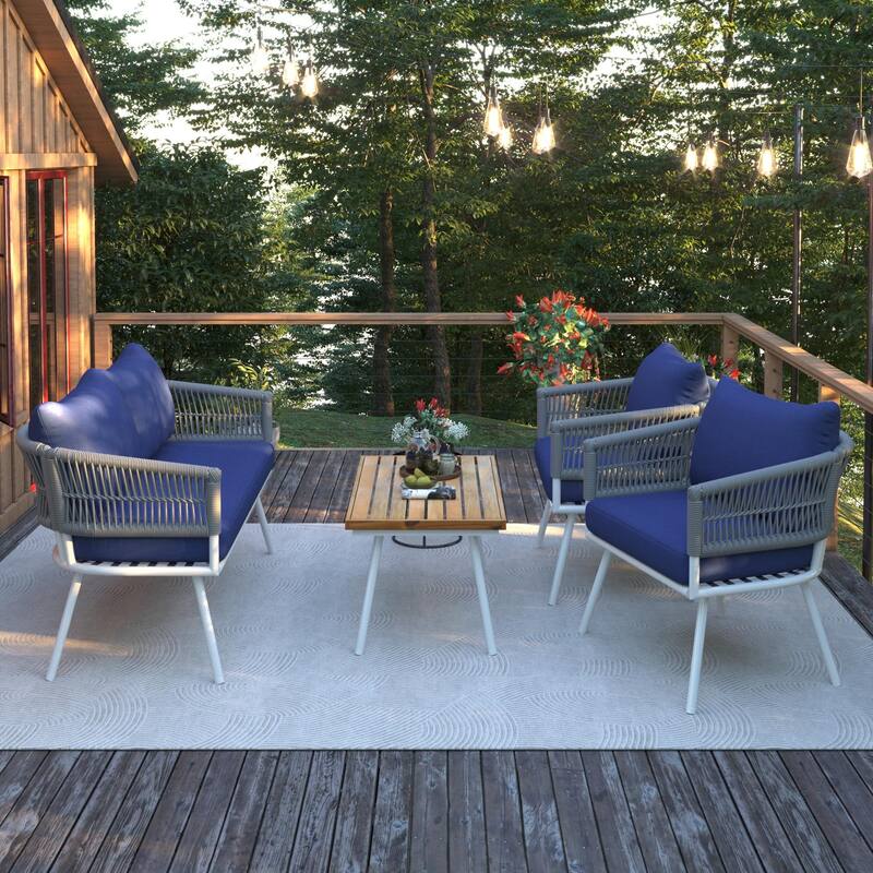 4-Piece Boho Sling Patio Conversation Set Outdoor Seating Set with Gray Cushions and Acacia Wood Coffee Table