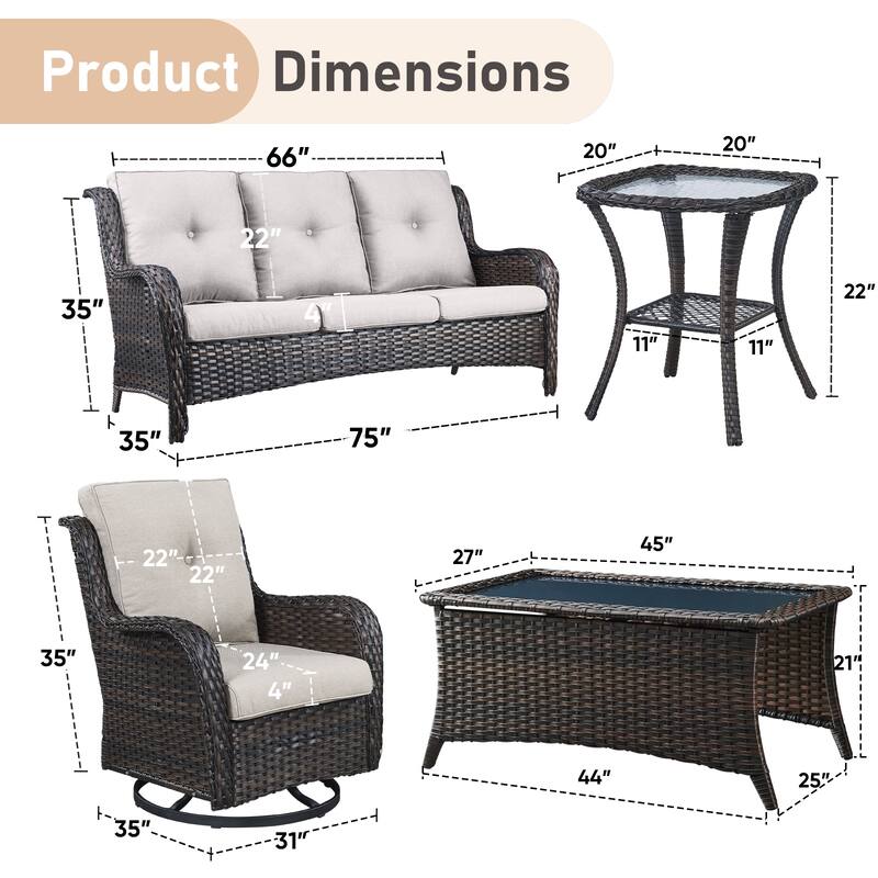 Pocassy 5 Pieces Outdoor 4 Inch Sofa Swivel Chairs Table