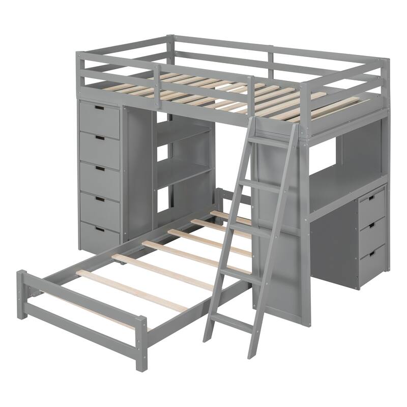 Twin Over Twin Solid Pine Bunk Bed with Drawers, Shelves, Desk with LED & USB Ports