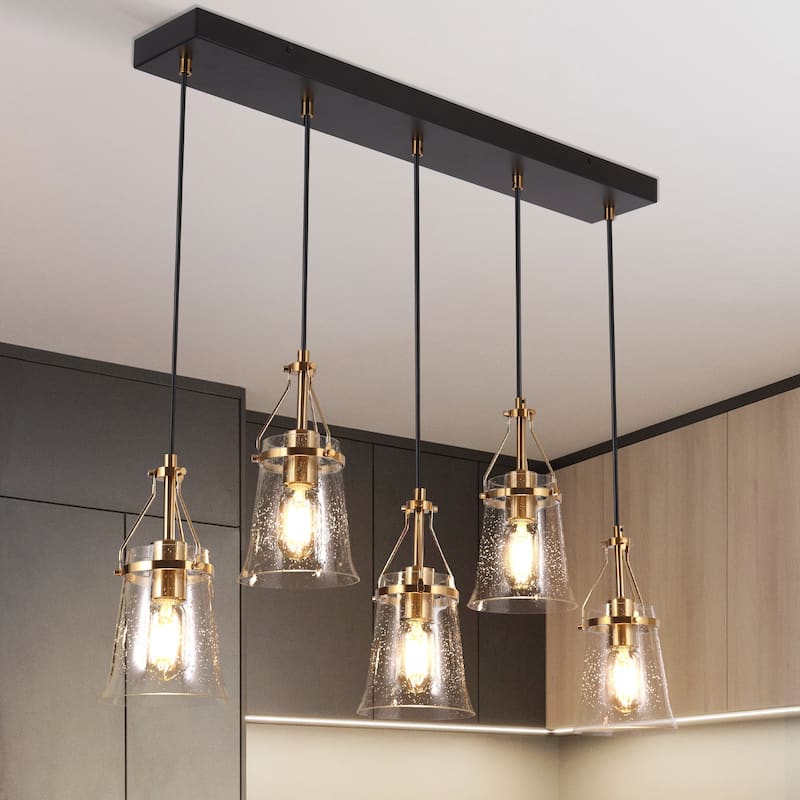 Haye Modern 5-Light Glass Chandelier Black Gold Island Lights for Dining Room - W 33.5" x D 5.5" x H 10" - W 33.5" x  D 5.5" x H 10"   - Black and gold