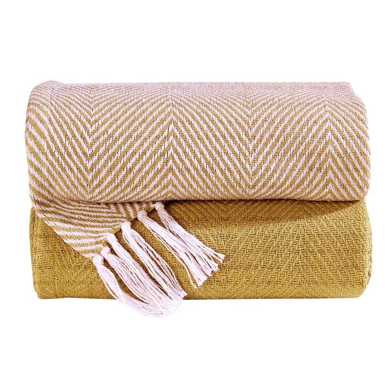 Luxurious Chevron 100% Cotton All Season Soft Throw Blanket 50''x60'' Set of 2 - MUSTARD