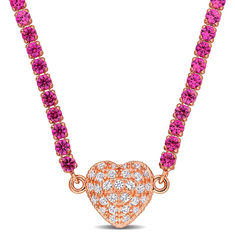 Miadora 16 4/5ct TGW Created Pink Created White Sapphire Heart Necklace in Rose Silver-17 in