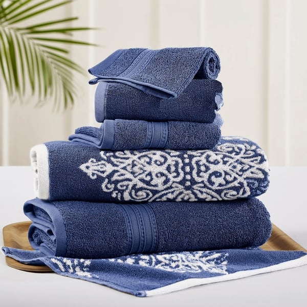 Modern Threads Artesia Damask 6 Piece Yarn Dyed Jacquard Towel Set - Indigo