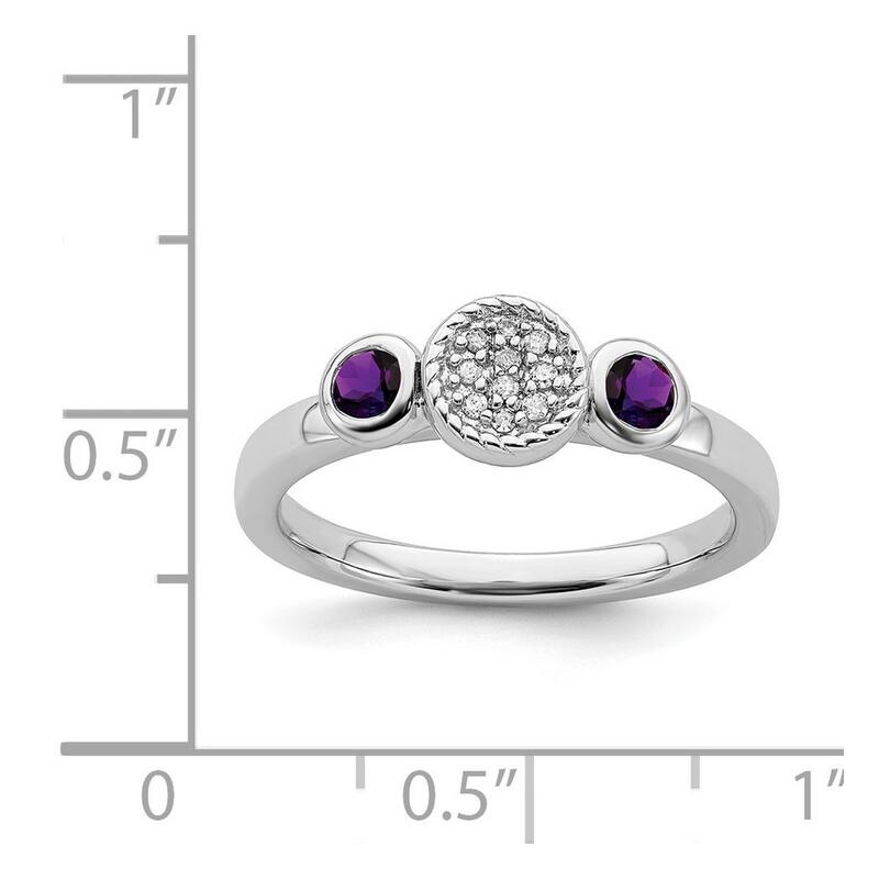 Curata 925 Sterling Silver Bezel Polished Prong set Stackable Expressions Db Round Amethyst and Dia. Ring