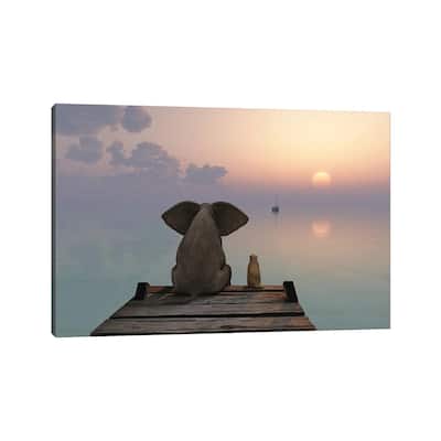 iCanvas "Elephant And Dog Sit On The Pier" by Mike Kiev Canvas Print