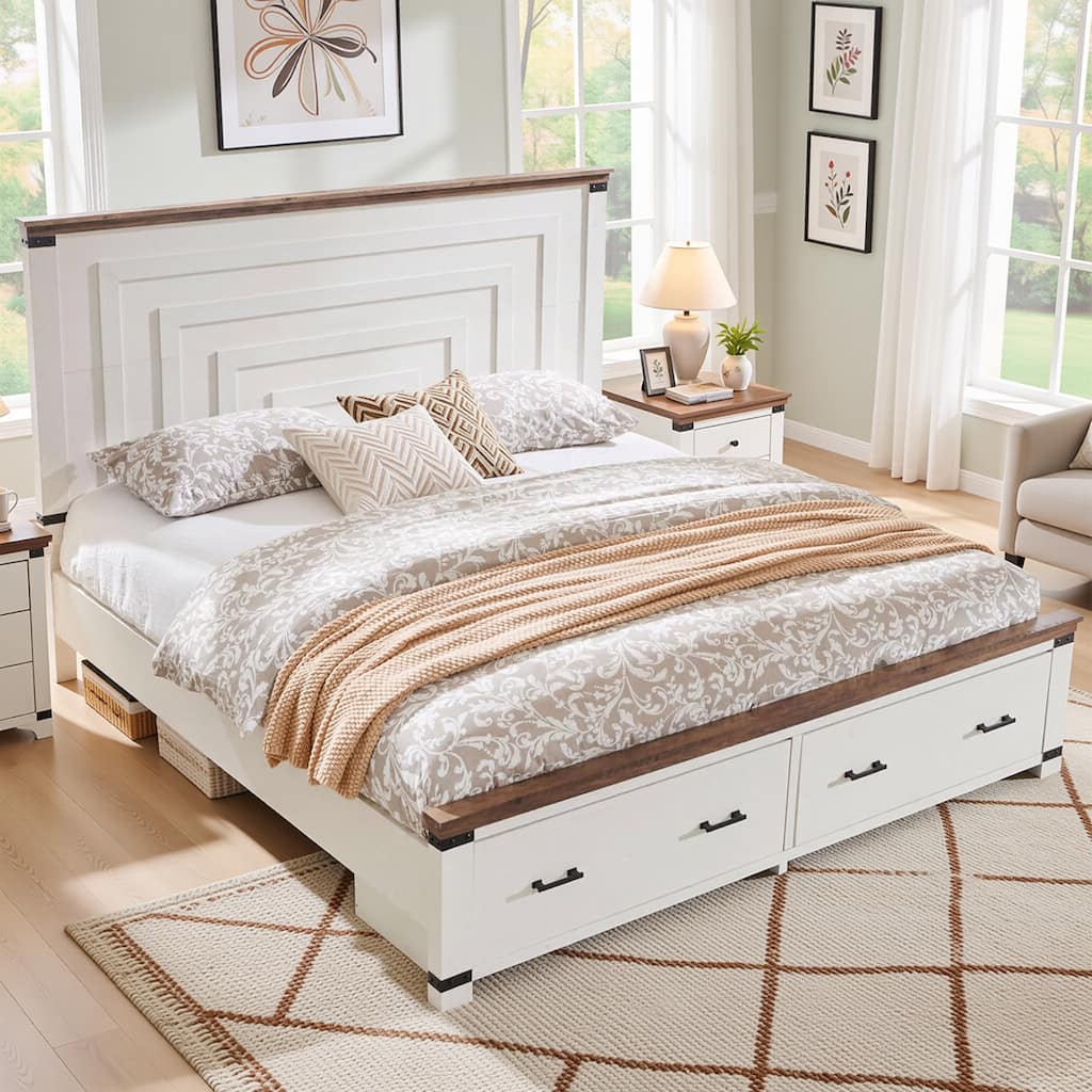 Farmhouse Wood Bed Frame with 54" Tall Headboard, 2 Large Drawers