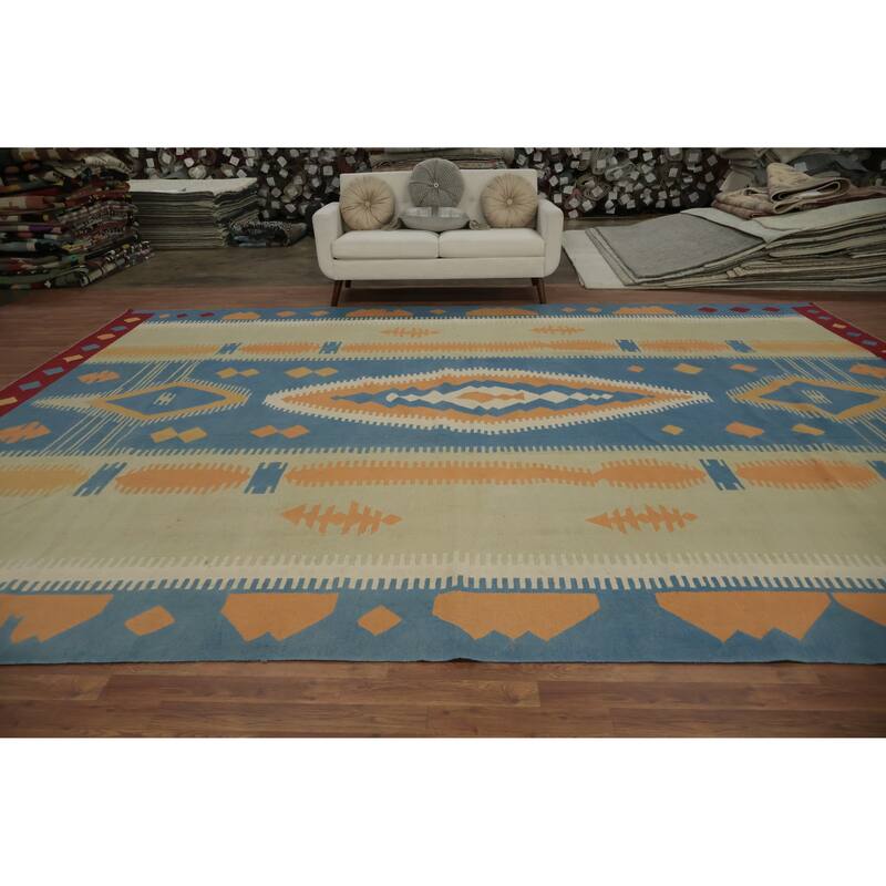 Hand Woven Oriental 100% Wool Carpet Southwestern Tribal Navy Blue & Blues Kilim Area Rug - 15' 3'' X 11' 9''