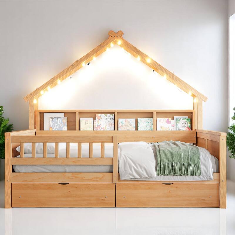 Full House Platform Bed Frame with LED, 2 Drawers, Shelves, Pine Wood & MDF Construction - Natural - Full