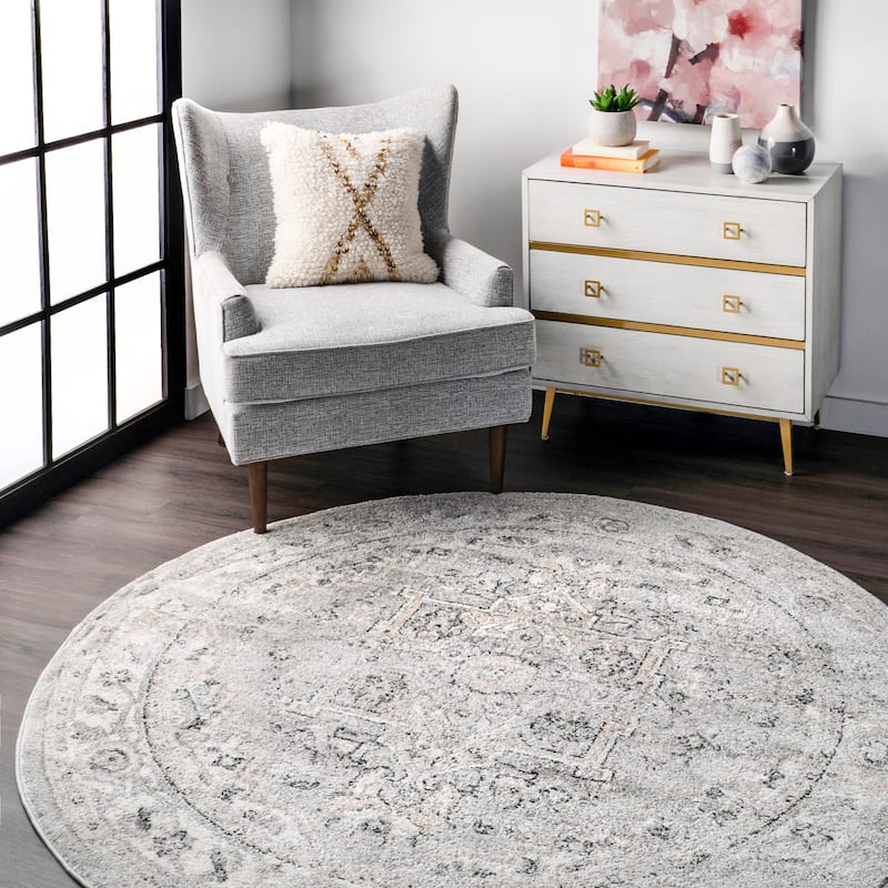 Nuloom Gena Distressed Transitional Medallion Area Rug - 6' Round - Light Grey