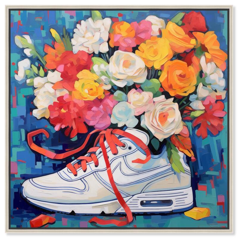 Whimsical Sneaker with Flowers Canvas by Art Remedy - Silver - 16" x 16"