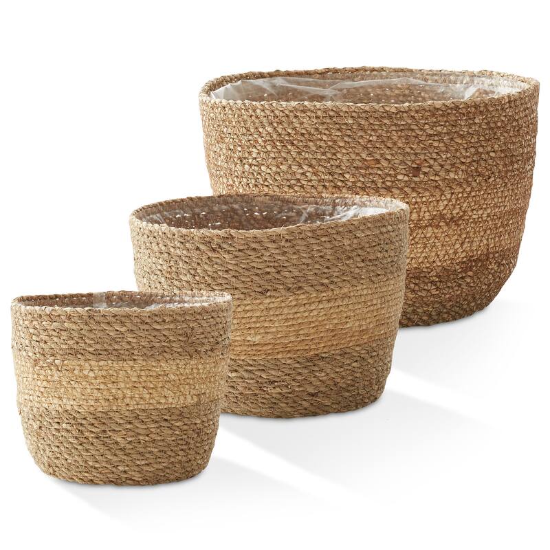 Set of 3 Seagrass Planter Baskets Natural Flower Pot Covers w Liners