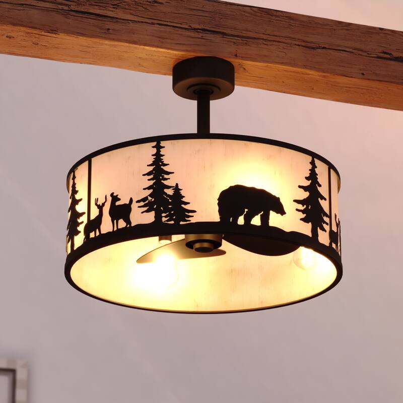 Acadia 20 in. Bronze Rustic Fandelier Ceiling Fan with Black Blades, LED Light Kit and Remote, Wildlife White Linen Drum Shade - 20-in W x 15.25-in H x 20-in D - Bronze