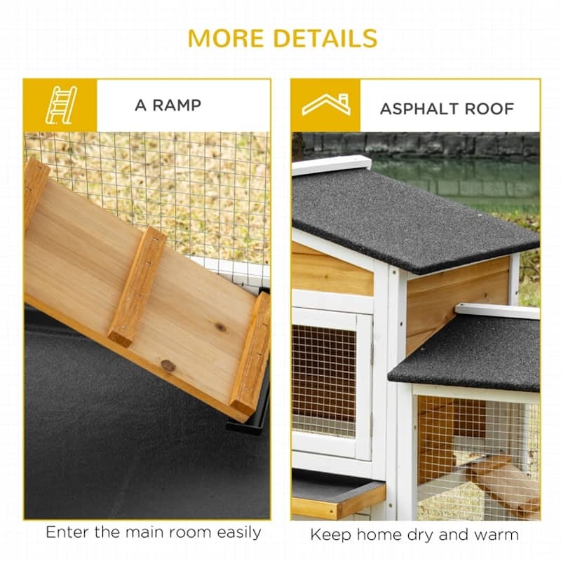 Outdoor Wooden Bunny Hutch with Run Boxes and Asphalt Roof Ramp and Removable Trays for 2-4 Rabbits
