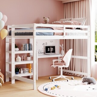 White Wooden Loft Bed with 3-Layer Shelves, Desk, and Writing Board, Full-Length Guardrail