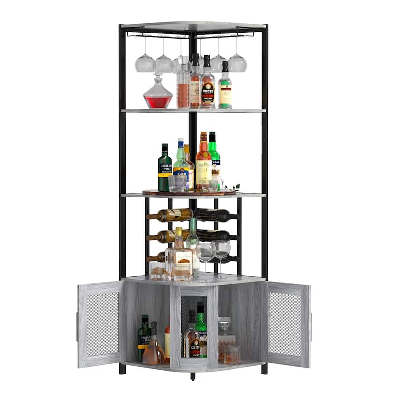 Anmytek 5 Tier Industrial Wooden Corner Wine Rack with Glass Holder & Storage Shelves
