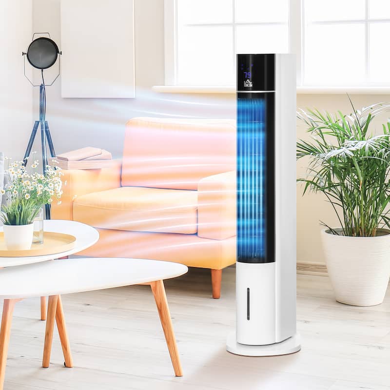HOMCOM Oscillating Air Cooler with Timer, Evaporative Ice Cooling Tower Fan with 3 Modes, 3 Speeds, and Remote Control - 13" L x 10.25" W x 41.25" H - White