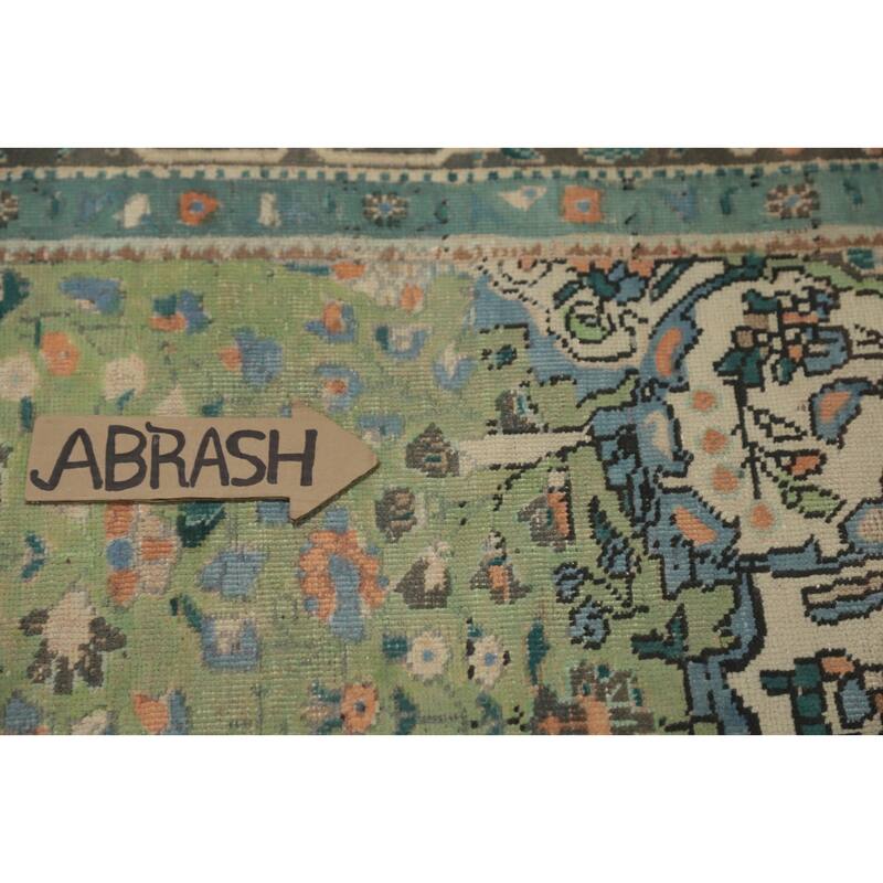 Hand Knotted Oriental 100% Wool Carpet Traditional Floral Green Tabriz Area Rug - 9' 2'' X 6' 7''
